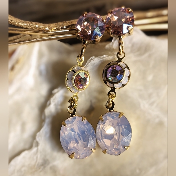 Rose Pink Opal And Swarovski Crystal Flower Drop Down Earrings - Picture 4 of 6